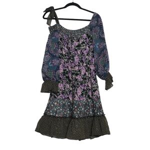Lulumari Anthropologie Coquette Mixed Print Smocked Sheer Ruffled Dress Size L